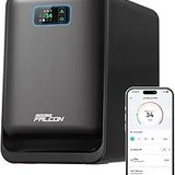 Creality Falcon Smoke Purifier AP1 in dark gray with a digital display, shown beside a smartphone running the Falcon app