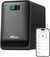 Creality Falcon Smoke Purifier AP1 in dark gray with a digital display, shown beside a smartphone running the Falcon app