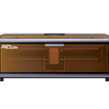 Creality Falcon A1 enclosed laser engraver, front view with orange tinted window and red emergency stop button
