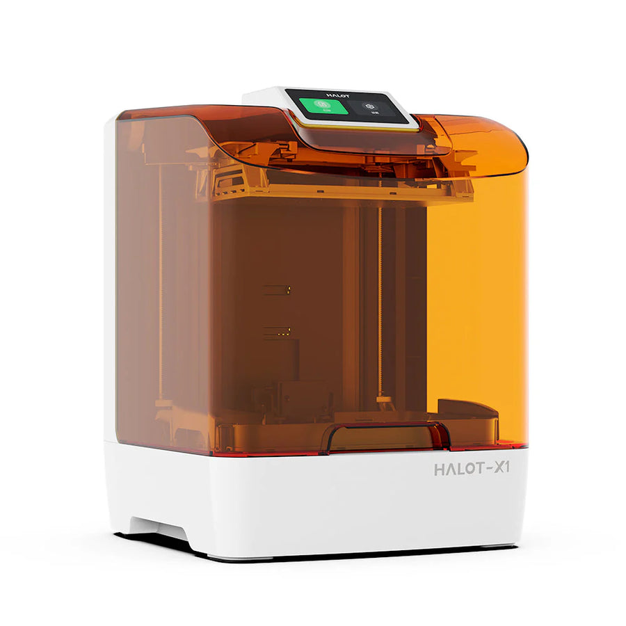 Creality HALOT-X1 resin 3D printer with orange transparent cover closed and a top-mounted touchscreen on a white base