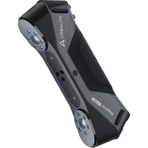 Creality Raptor Pro 3D scanner shown at an angle with dark grip, gray body and sensor lenses at both ends