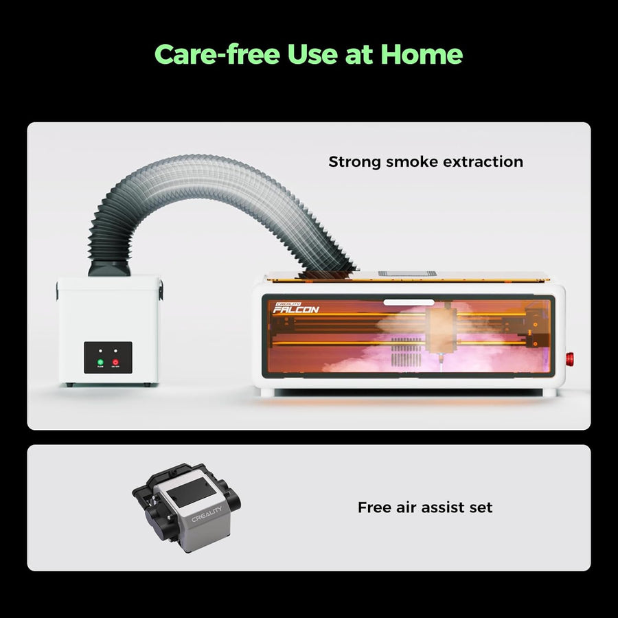 White Falcon A1 connected by a flexible hose to a smoke extractor, with the included air assist module shown below
