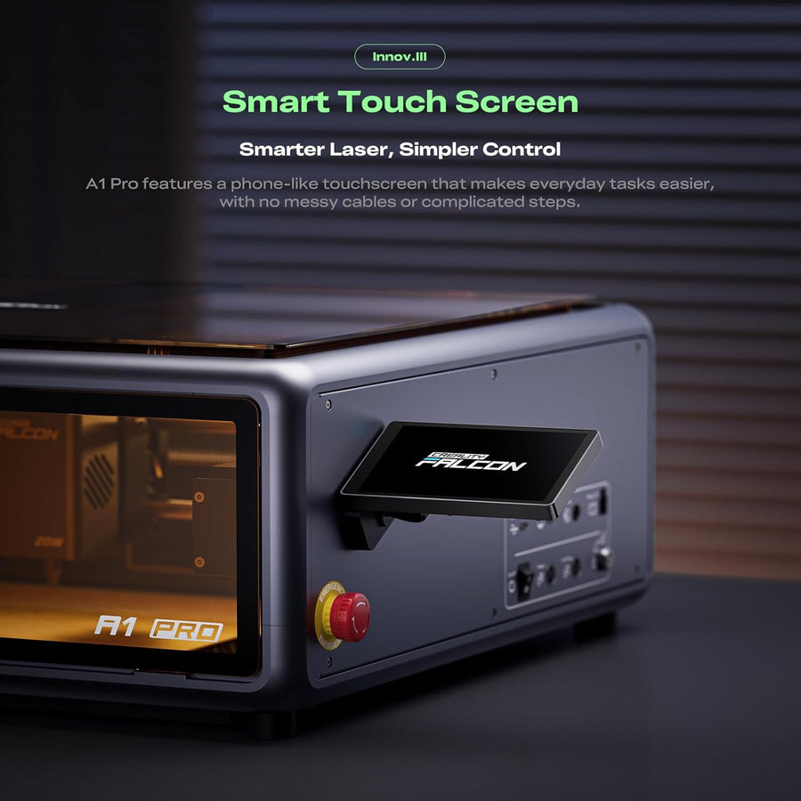 Creality Falcon A1 Pro side view showing the smartphone-style touchscreen, red emergency stop and side control ports