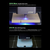 Falcon 20W blue laser cutting basswood plywood above a 2W IR laser module engraving a light blue phone case