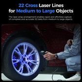 Technician scanning a car wheel with the Raptor Pro handheld scanner as blue cross laser lines cover the rim
