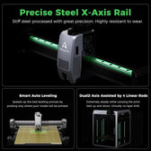 Creality K2 steel X-axis rail and toolhead with auto leveling and four linear rod Z-axis illustrations