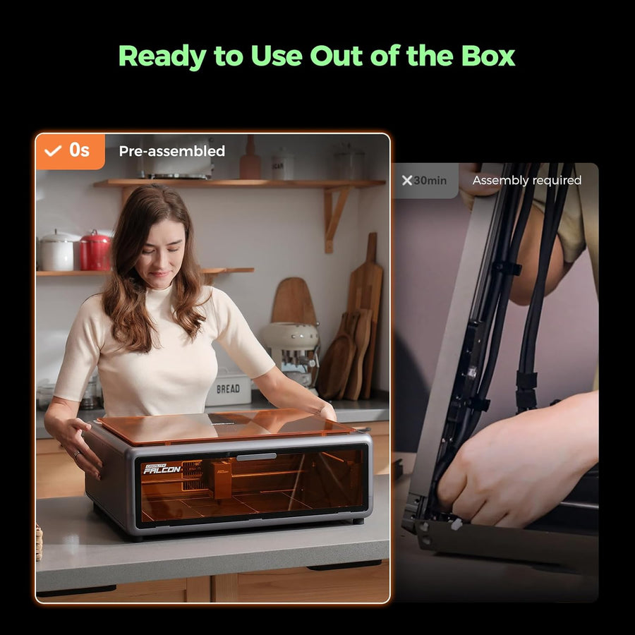Woman setting a pre-assembled Falcon A1 on a kitchen counter, beside a view of cable assembly on another machine