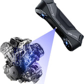Creality Raptor Pro 3D scanner projecting a blue beam onto a motorcycle engine with a scan mesh overlay