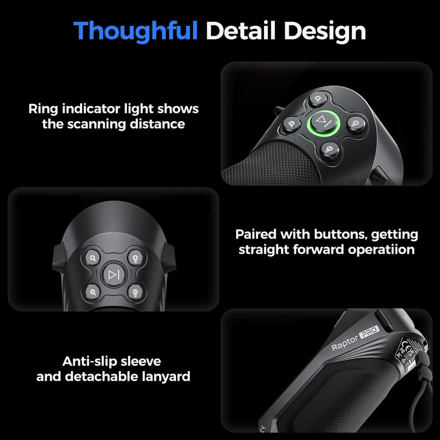 Close-ups of Raptor Pro control buttons, green ring indicator light, anti-slip grip sleeve and detachable lanyard