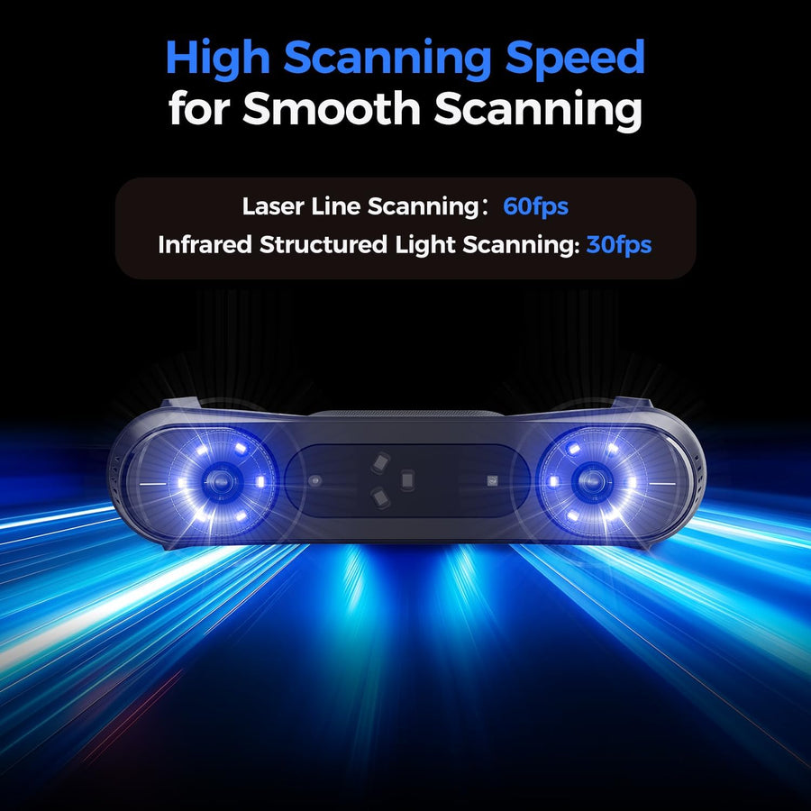Front of the Raptor Pro scanner with glowing blue lights and speed streaks, with laser and infrared scanning fps text