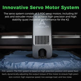 Creality K2 toolhead printing a textured blue terrain model, with text about the FOC servo motor system
