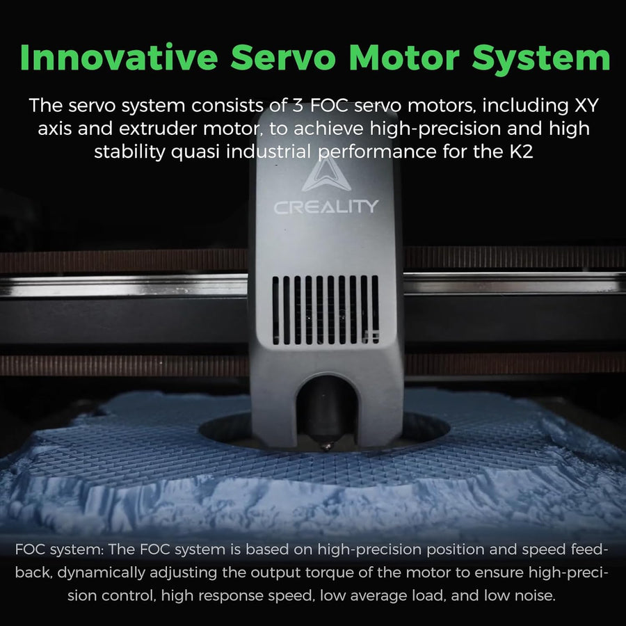 Creality K2 toolhead printing a textured blue terrain model, with text about the FOC servo motor system