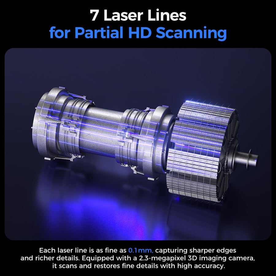 Seven blue laser lines sweeping across a metal mechanical part, with text on 0.1mm line width and a 2.3-megapixel camera