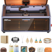 Creality Falcon A1 laser engraver with lid open, shown above sample engraved wood, jewelry, tumblers and leather items
