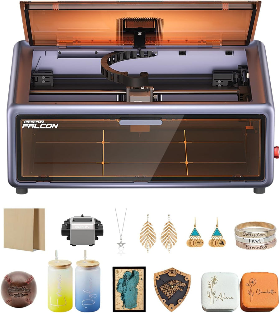 Creality Falcon A1 laser engraver with lid open, shown above sample engraved wood, jewelry, tumblers and leather items