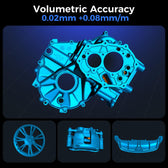 Blue 3D scan models of a gearbox housing, wheel, brake caliper and bumper under a volumetric accuracy heading