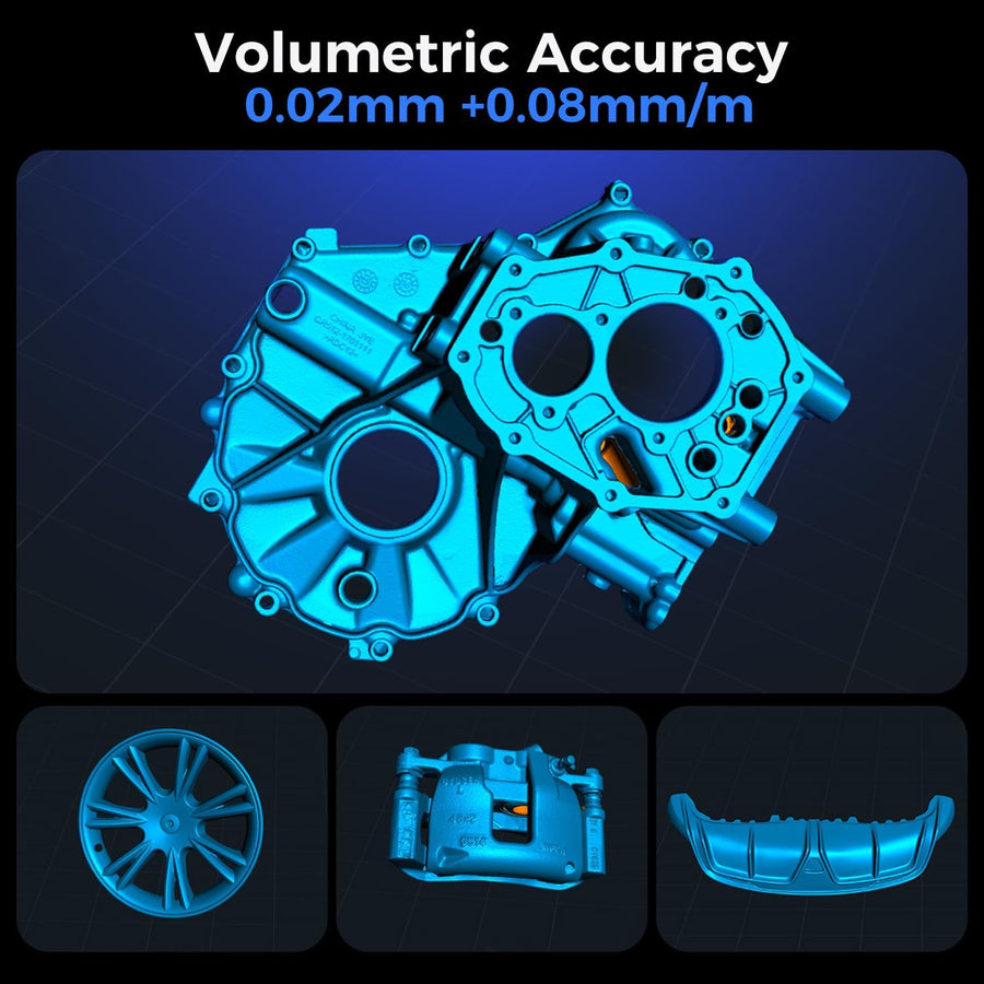 Blue 3D scan models of a gearbox housing, wheel, brake caliper and bumper under a volumetric accuracy heading