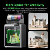 Creality K2 Combo with CFS showing 260mm build volume dimensions beside two printed castle models