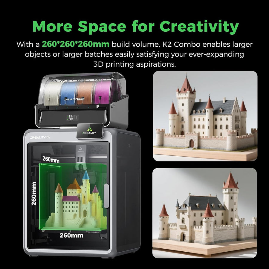 Creality K2 Combo with CFS showing 260mm build volume dimensions beside two printed castle models