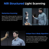 Man using the Raptor Pro to scan a figurine and another man's face, with markerless and face and body scanning text