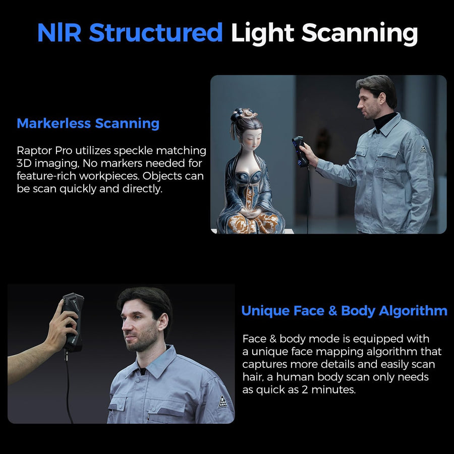 Man using the Raptor Pro to scan a figurine and another man's face, with markerless and face and body scanning text
