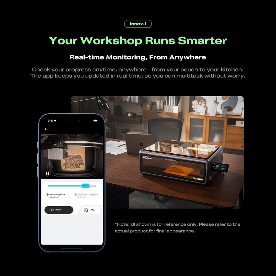 Smartphone app showing live laser engraving progress next to a Falcon A1 Pro engraver on a wooden desk in a workshop