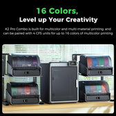 Creality K2 Combo printer surrounded by four CFS filament units on shelves for up to 16 colors of multicolor printing