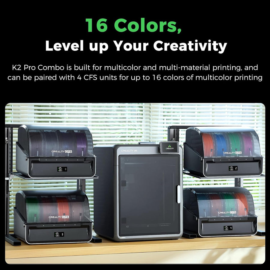 Creality K2 Combo printer surrounded by four CFS filament units on shelves for up to 16 colors of multicolor printing