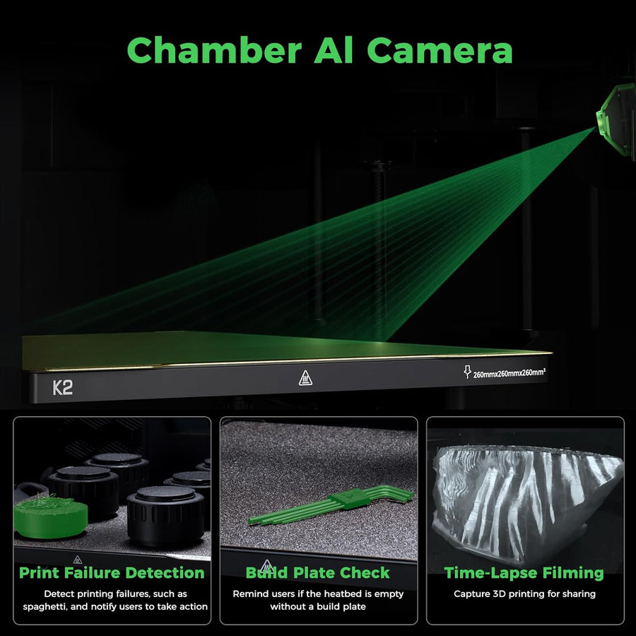 Creality K2 chamber AI camera beam over the build plate with print failure detection, plate check and time-lapse examples