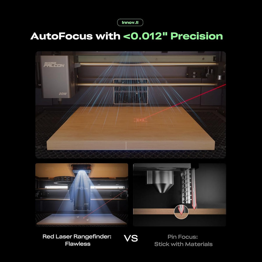 Falcon A1 Pro 20W laser head autofocusing over a wood panel with a red laser rangefinder, compared with pin focus