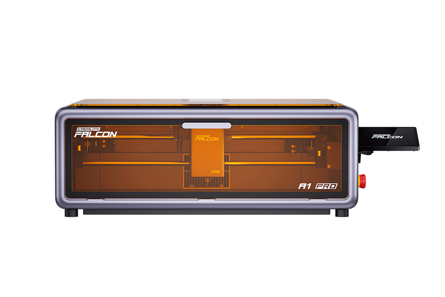 Creality Falcon A1 Pro 20W laser engraver front view with orange enclosure window, emergency stop button and side touchscreen