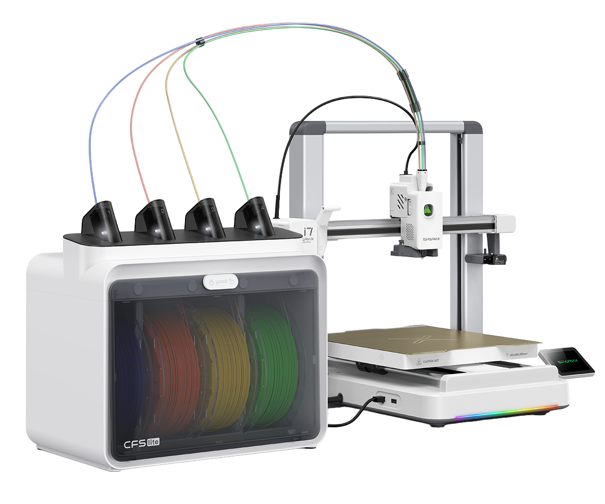 Creality SPARKX i7 3D printer with CFS Lite filament box holding four colored spools, tubes feeding the toolhead