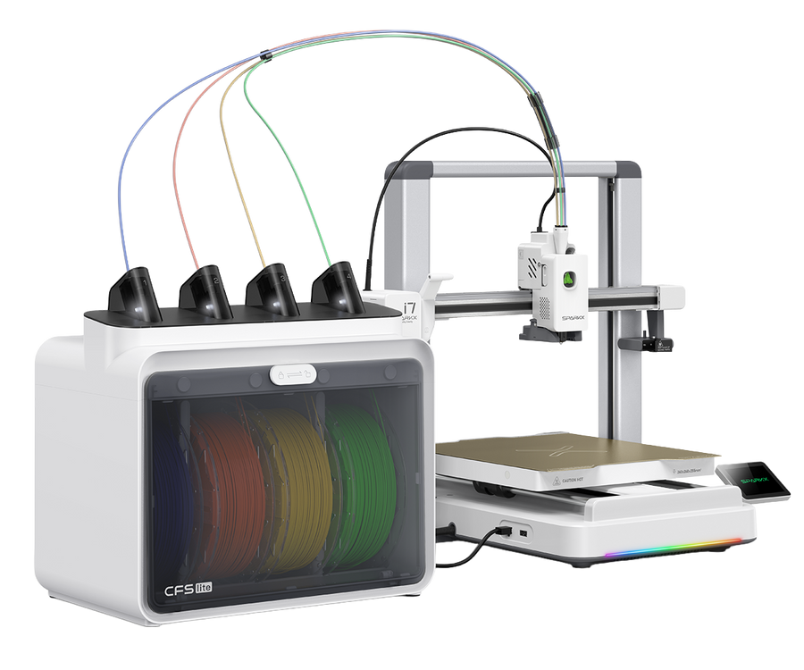 Creality SPARKX i7 3D printer with CFS Lite filament box holding four colored spools, tubes feeding the toolhead
