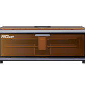 Creality Falcon A1 enclosed laser engraver, front view with orange tinted window and red emergency stop button