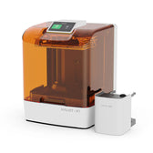 Creality HALOT-X1 resin 3D printer with orange transparent cover and touchscreen, next to the white AFU resin management unit