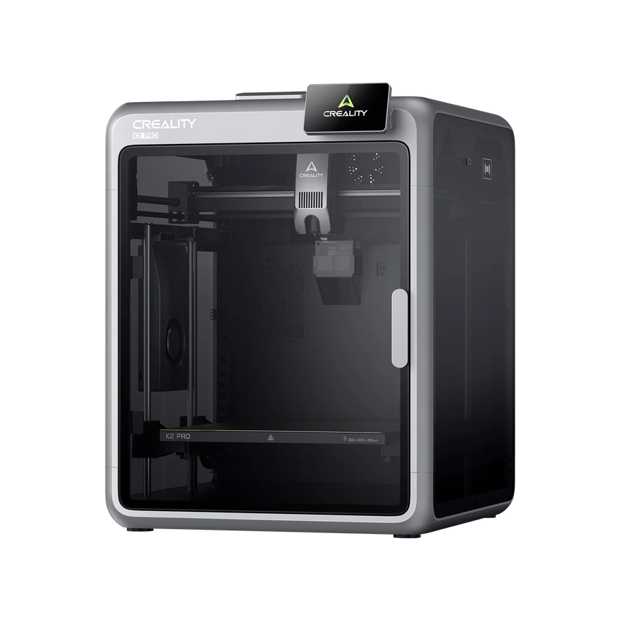 Creality K2 Pro enclosed 3D printer shown at an angle with touchscreen and glass front door