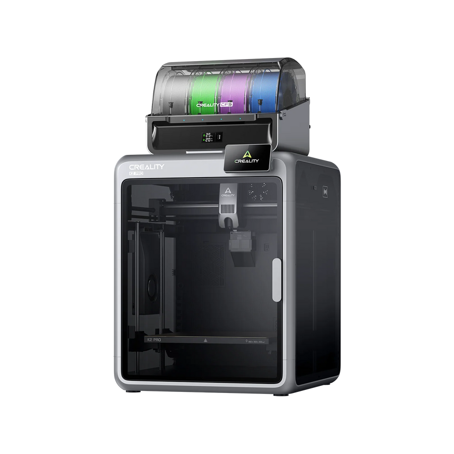 Creality K2 Pro 3D printer with a CFS filament unit on top holding green, purple and blue spools