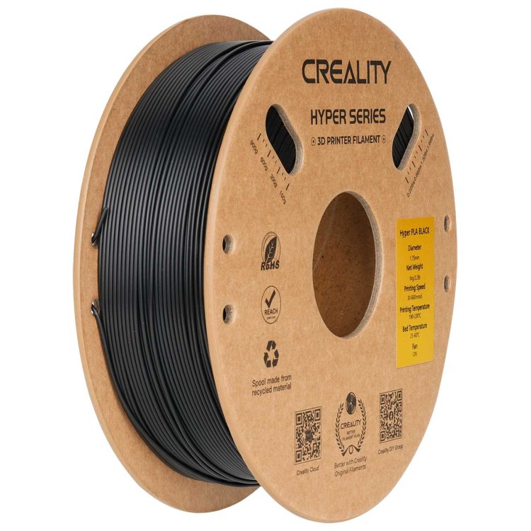Creality Hyper Series PLA-CF matte black 3D printer filament on a cardboard spool with product label and QR codes
