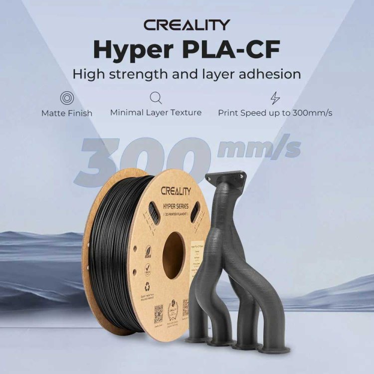 Creality Hyper PLA-CF black filament spool beside a dark branched 3D printed part with matte finish and 300mm/s speed text