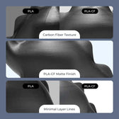 Creality Hyper Series PLA-CF matte black prints compared with standard PLA, showing carbon fiber texture and minimal layer lines