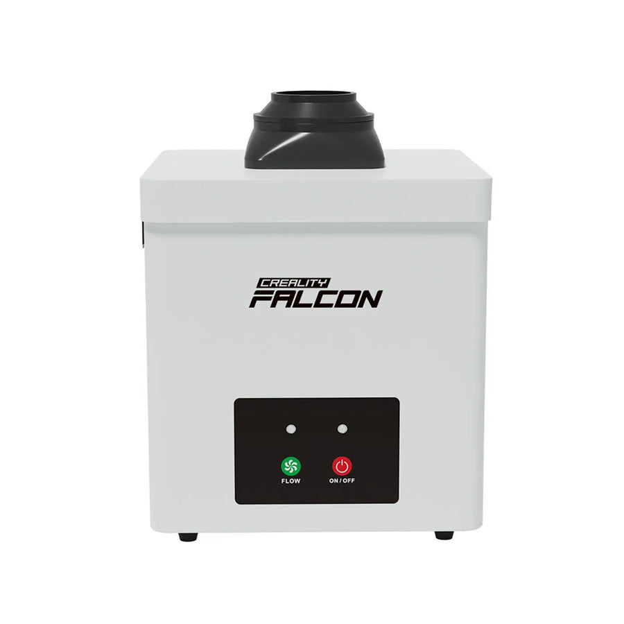 Creality Falcon desktop smoke purifier in white, front view with black intake nozzle on top and flow and on/off buttons