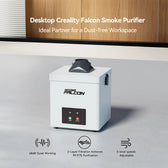 Creality Falcon YW45 white desktop smoke purifier with dark intake hood, control panel, and callouts for 68dB, 3 speeds, 2-layer filtration