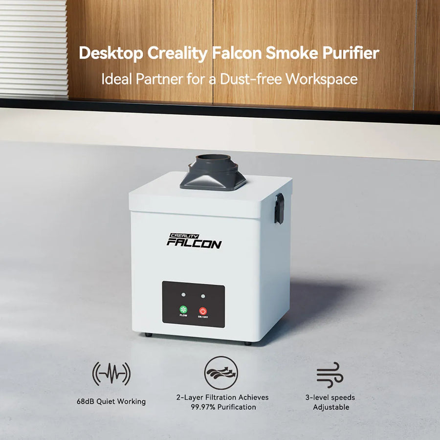 Creality Falcon YW45 white desktop smoke purifier with dark intake hood, control panel, and callouts for 68dB, 3 speeds, 2-layer filtration